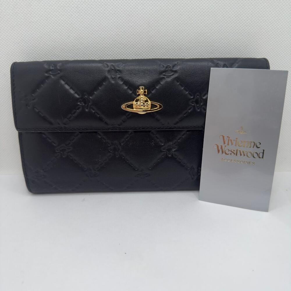 Vivienne Westwood Black Leather Quilted Angel Orb Long Wallet Authentic
